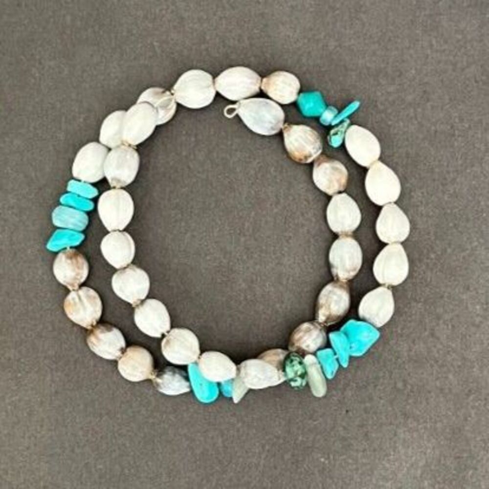 Bohemian Memory Wire Bracelet Turquoise Chip Beads Shell Seed Pod Style